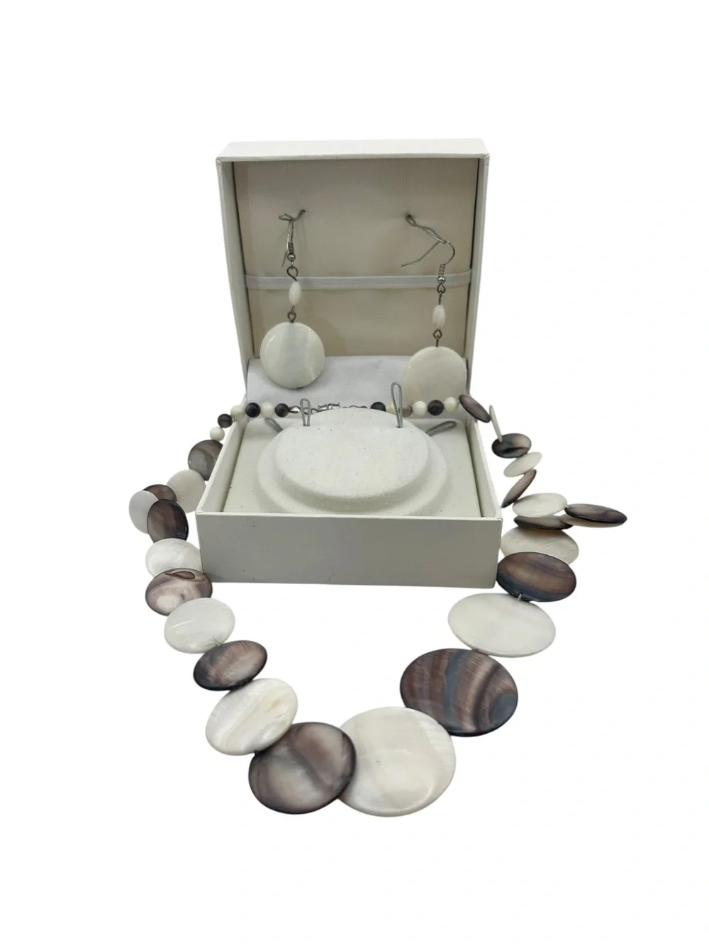 Mother of Pearl Shell Disc Statement Necklace, Pierced Earring Set White Brown